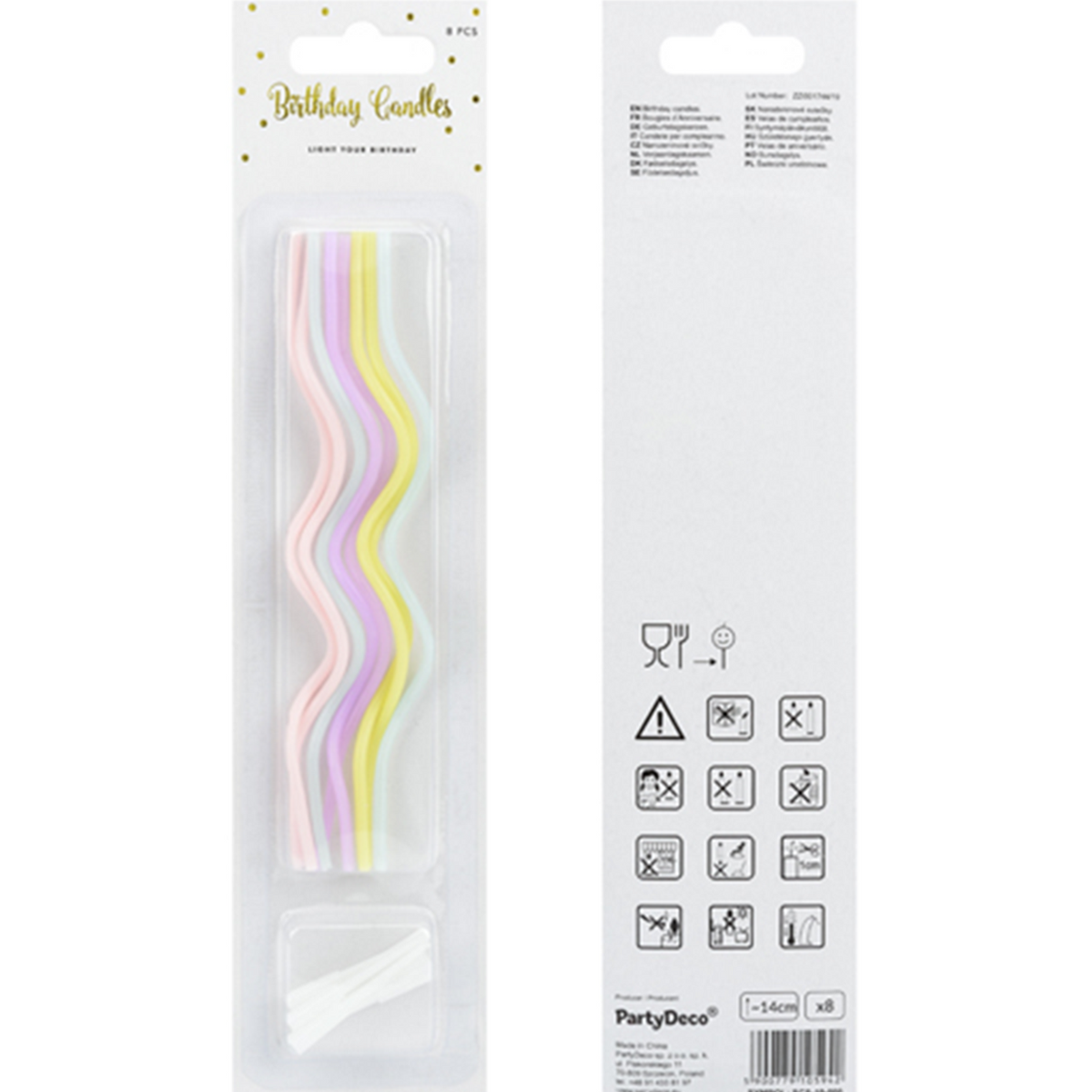 8 Kuchenkerzen XL mit Halterung - Curly - Bunt