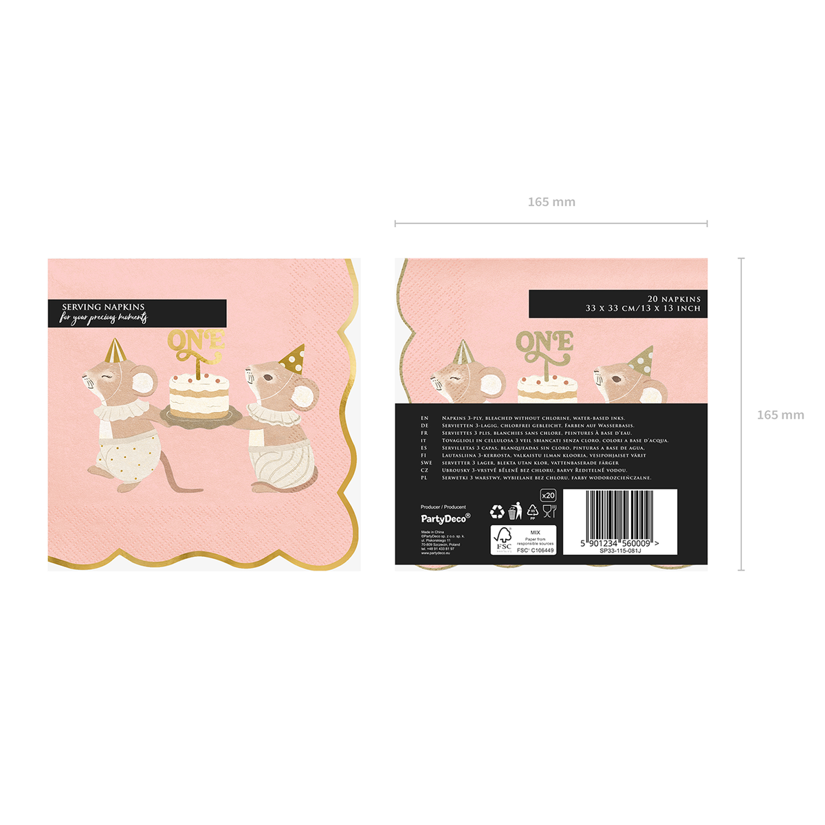 12 Servietten - ONE - Mäuse - Rosa