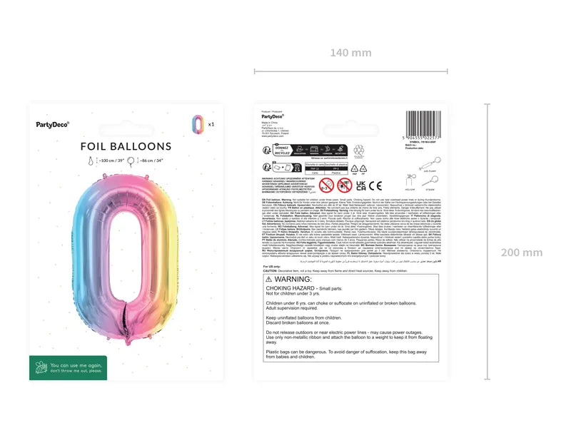 1 Ballon XXL - Zahl 0 - Pastell-Regenbogen
