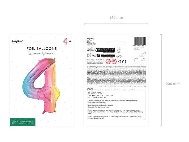 1 Ballon XXL - Zahl 4 - Pastell-Regenbogen