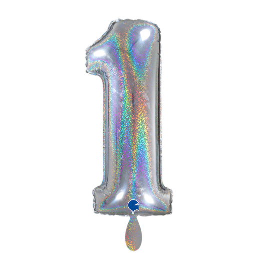 1 Balloon XL - Number 1 - Glitter Holographic Silver