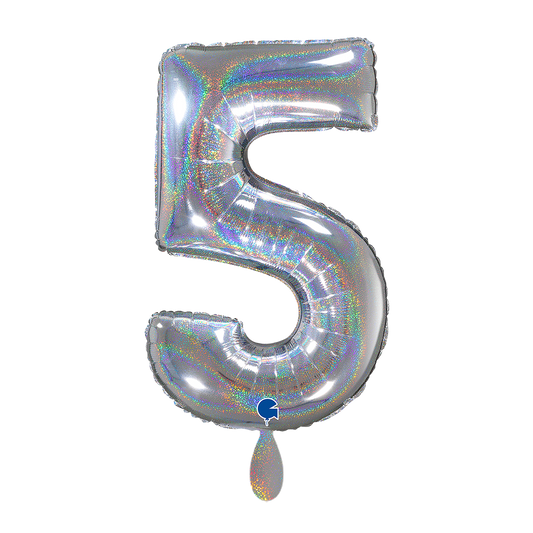 1 Balloon XL - Number 5 - Glitter Holographic Silver