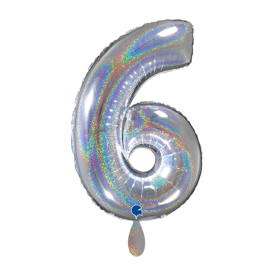 1 Balloon XL - Number 6 - Glitter Holographic Silver
