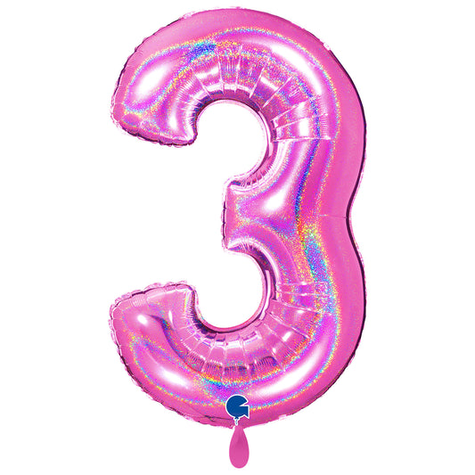 1 Balloon XXL - Number 3 - Glitter Holographic Fuxia
