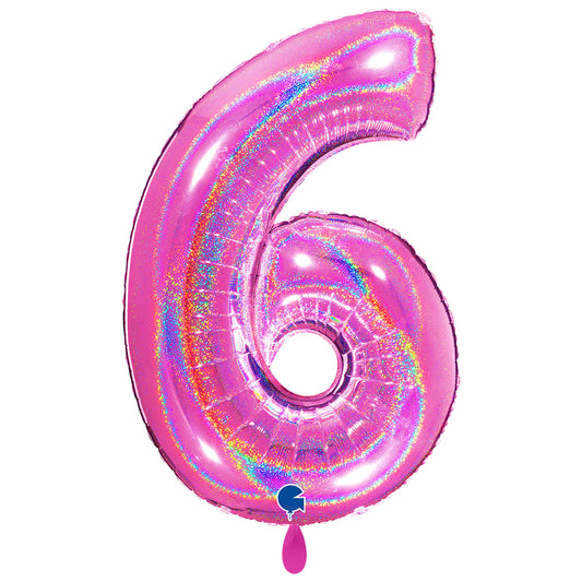 1 Balloon XXL - Number 6 - Glitter Holographic Fuxia