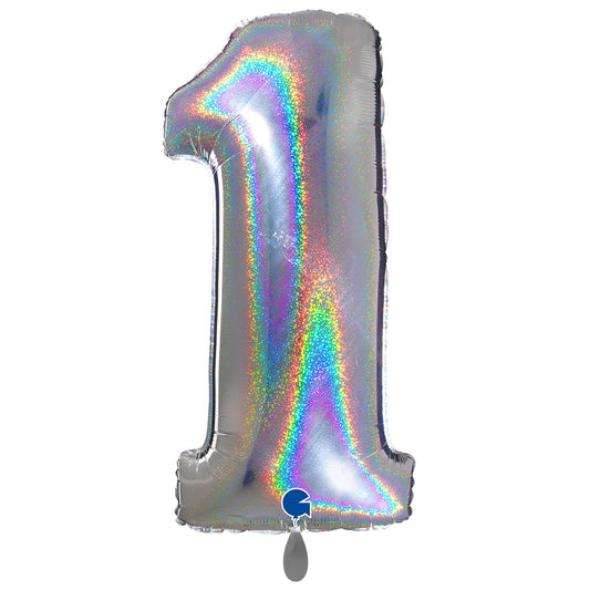 1 Balloon XXL - Number 1 - Glitter Holographic Silver
