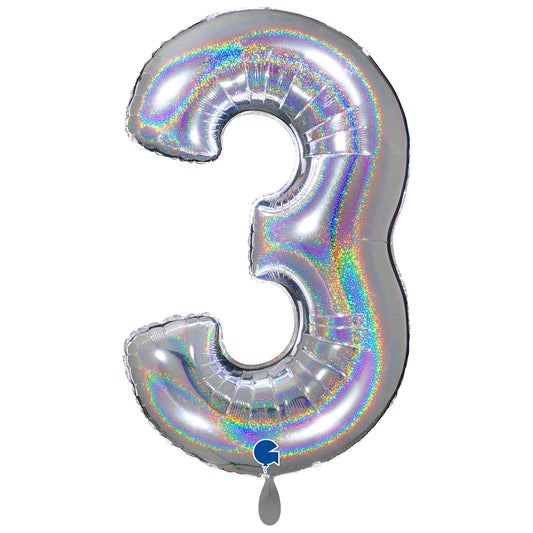 1 Balloon XXL - Number 3 - Glitter Holographic Silver