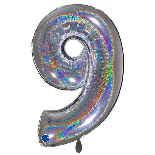 1 Balloon XXL - Number 9 - Glitter Holographic Silver