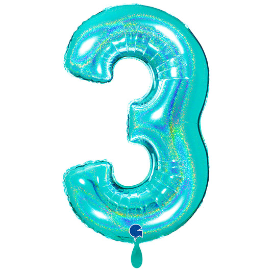 1 Balloon XXL - Number 3 - Glitter Holographic Tiffany