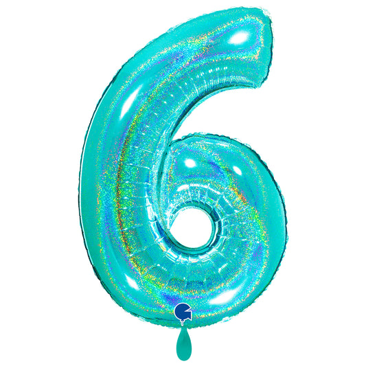 1 Balloon XXL - Number 6 - Glitter Holographic Tiffany