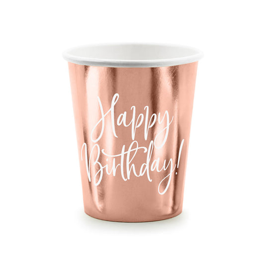 6 Pappbecher Trend - 260ml - Happy Birthday RoseGold