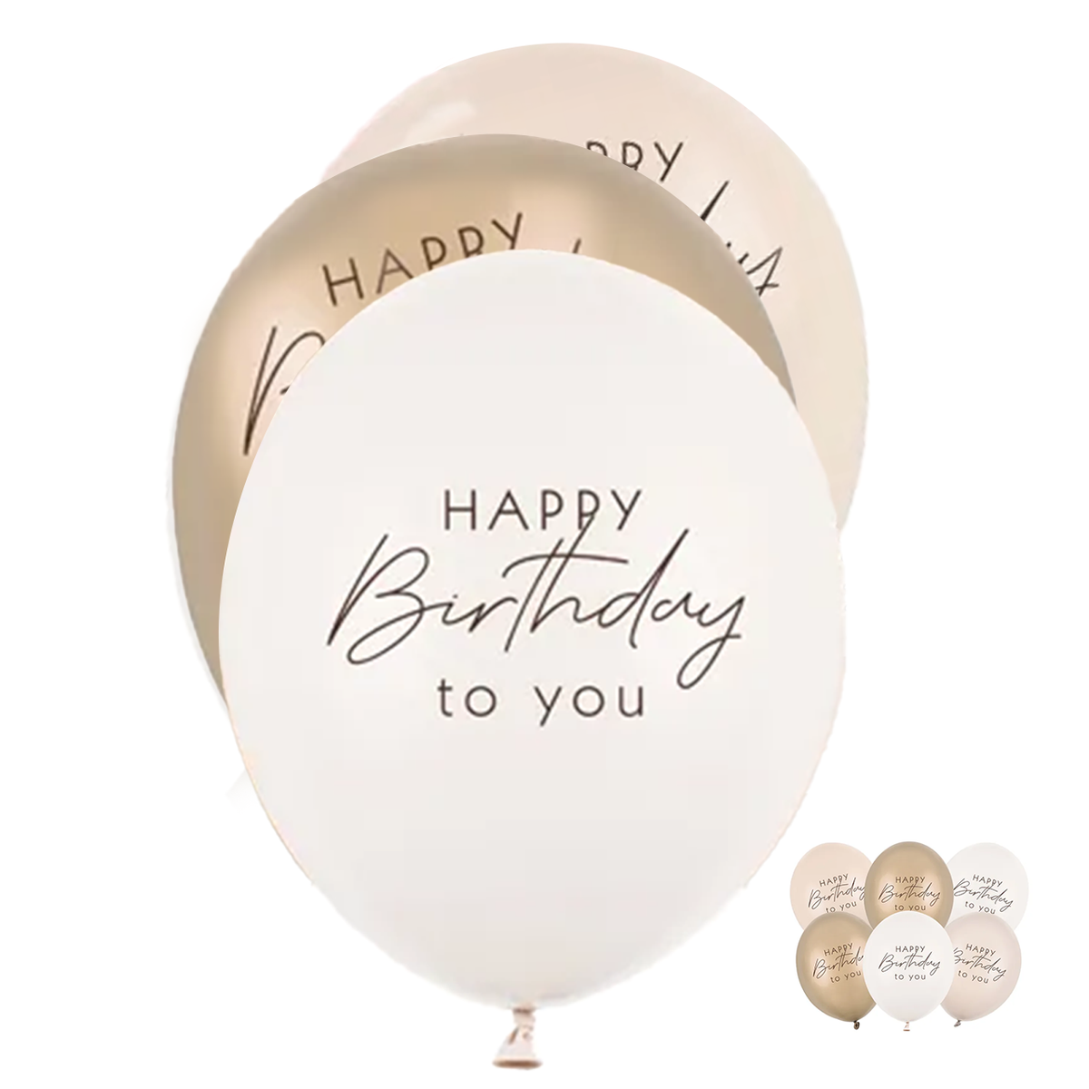 6 Motivballons - Ø 30 cm - Happy Birthday - Beige Mix