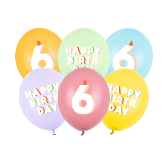6 Motivballons - Ø 30 cm - Happy Birthday 6 - Mix