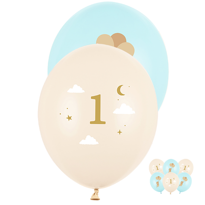 6 Motivballons - Mäuse mit Zahl 1 - Hellblau - 30cm
