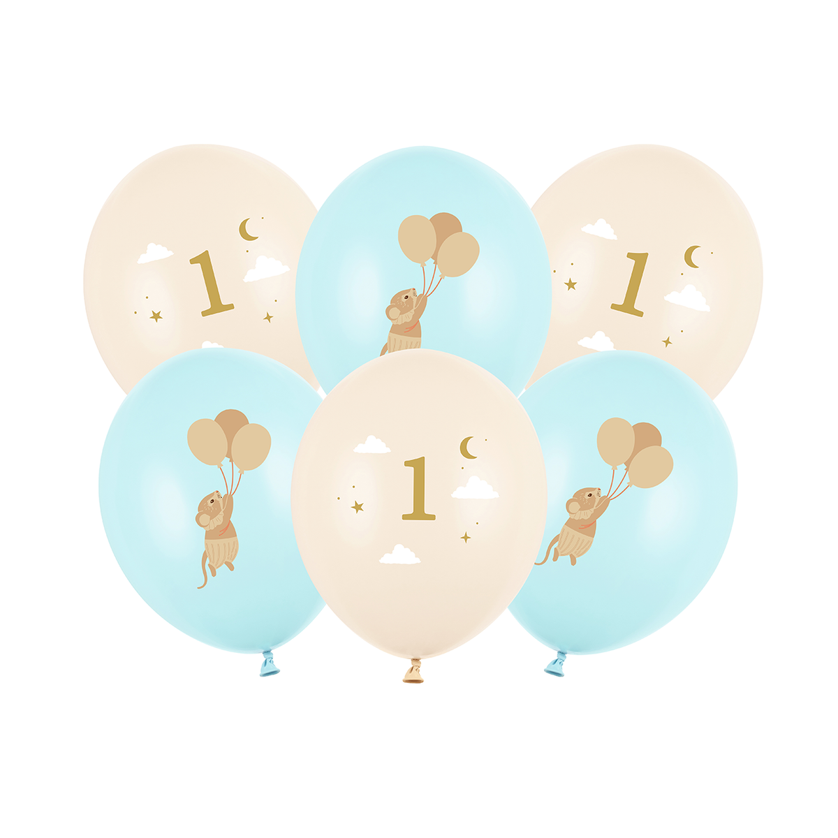 6 Motivballons - Mäuse mit Zahl 1 - Hellblau - 30cm