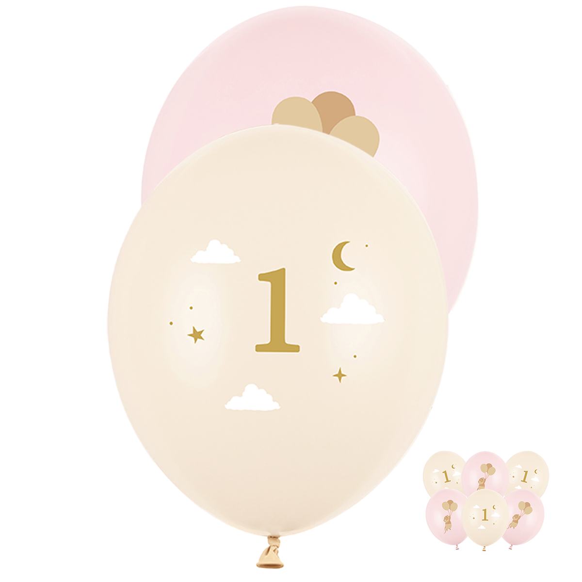 6 Motivballons - Mäuse mit Zahl 1 - Zartrosa - 30cm