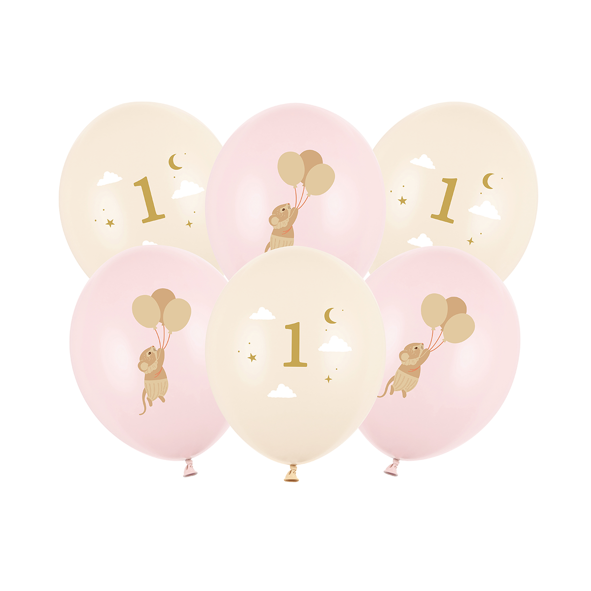 6 Motivballons - Mäuse mit Zahl 1 - Zartrosa - 30cm
