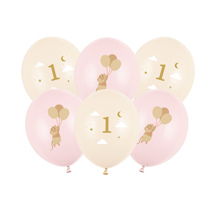 6 Motivballons - Mäuse mit Zahl 1 - Zartrosa - 30cm