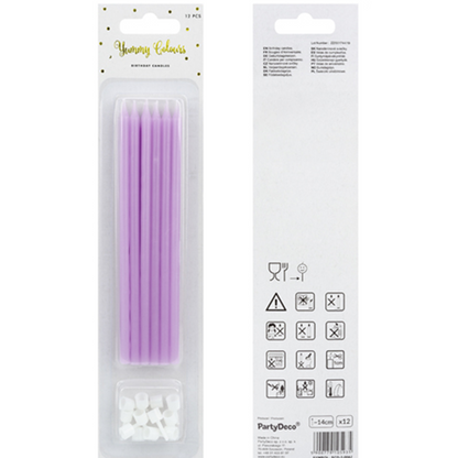 12 Kuchenkerzen XL mit Halterung - Lavendel