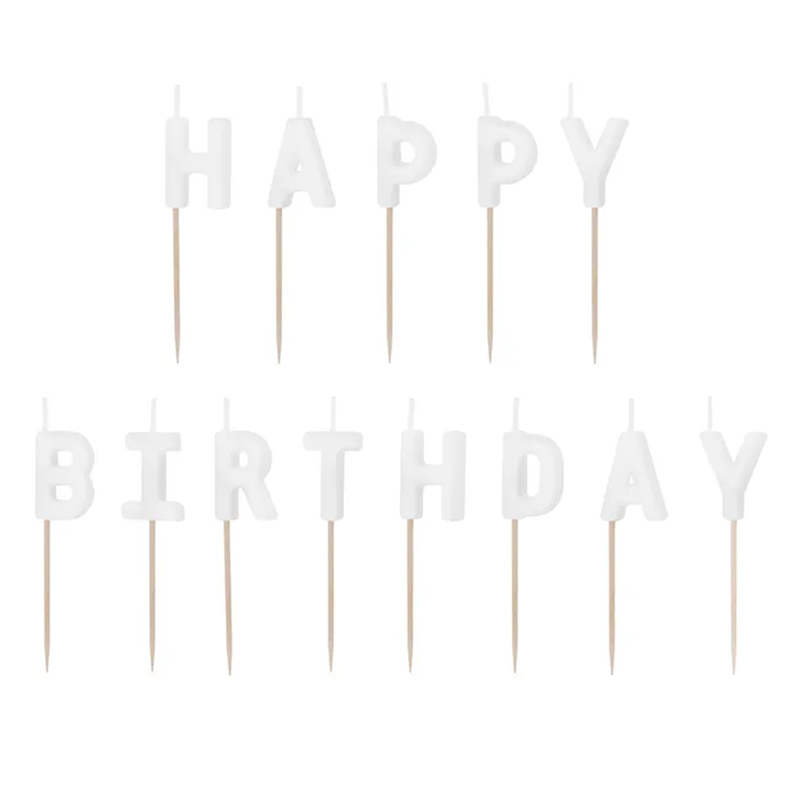 13 Kuchenkerzen - Happy Birthday - Weiß
