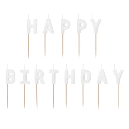 13 Kuchenkerzen - Happy Birthday - Weiß