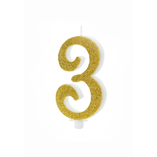 1 Kuchenkerze XL - Zahl 3 - Gold Glittery