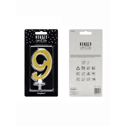 1 Kuchenkerze XL - Zahl 9 - Gold Glittery