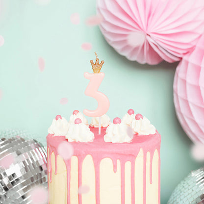 1 Kuchenkerze - Zahl 3 - Rosa mit Krone