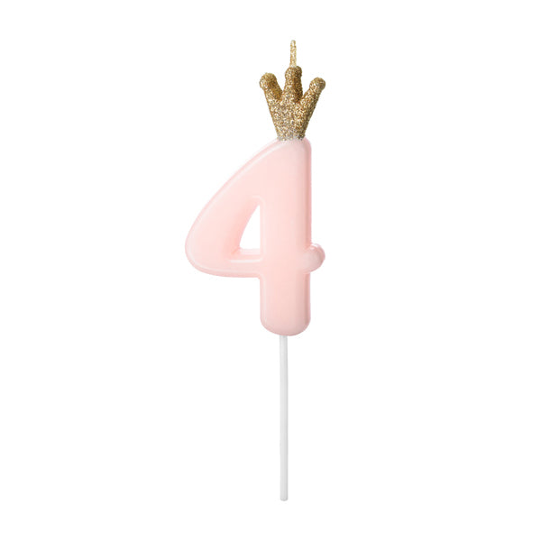 1 Kuchenkerze - Zahl 4 - Rosa mit Krone