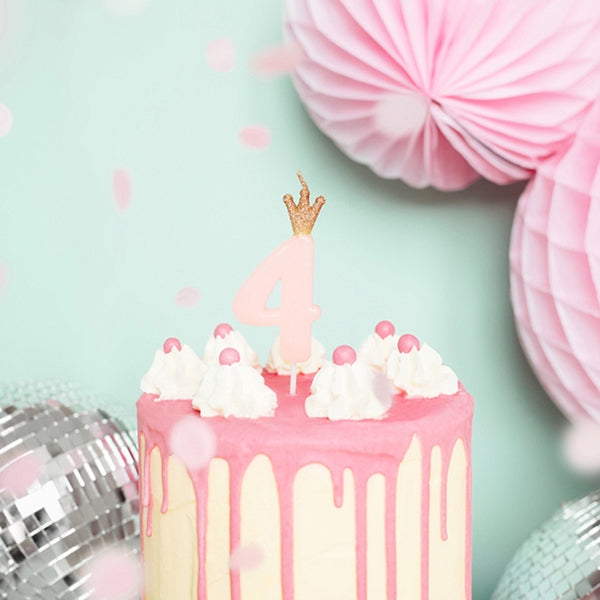 1 Kuchenkerze - Zahl 4 - Rosa mit Krone