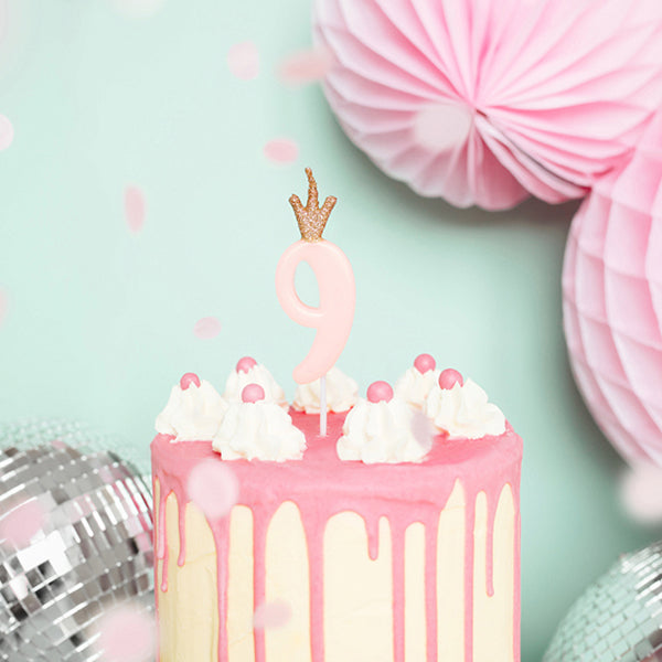 1 Kuchenkerze - Zahl 9 - Rosa mit Krone