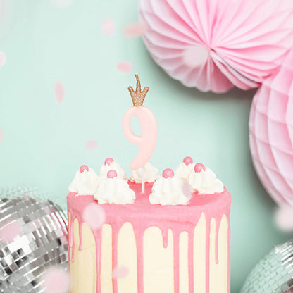 1 Kuchenkerze - Zahl 9 - Rosa mit Krone