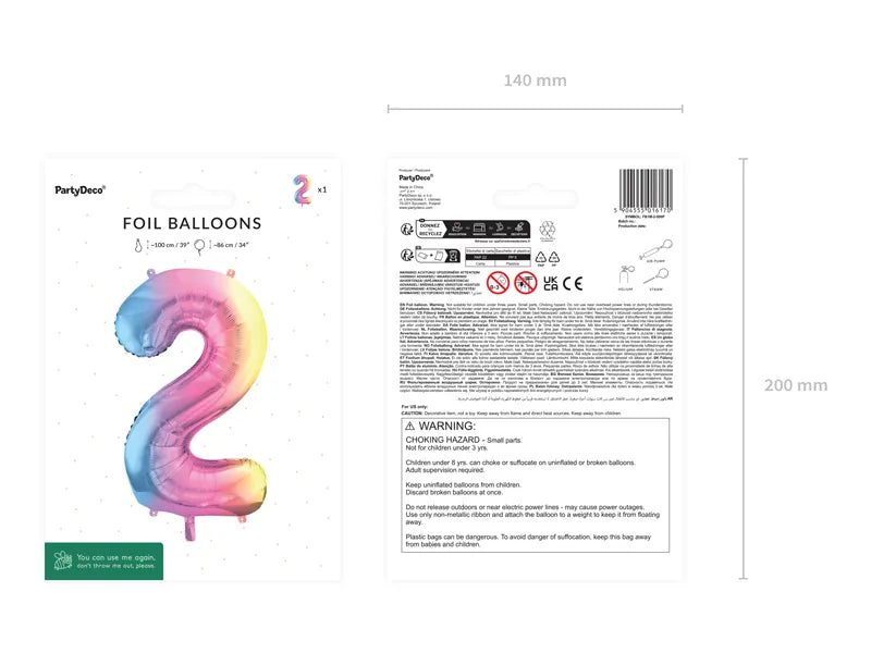 1 Ballon XXL - Zahl 2 - Pastell-Regenbogen