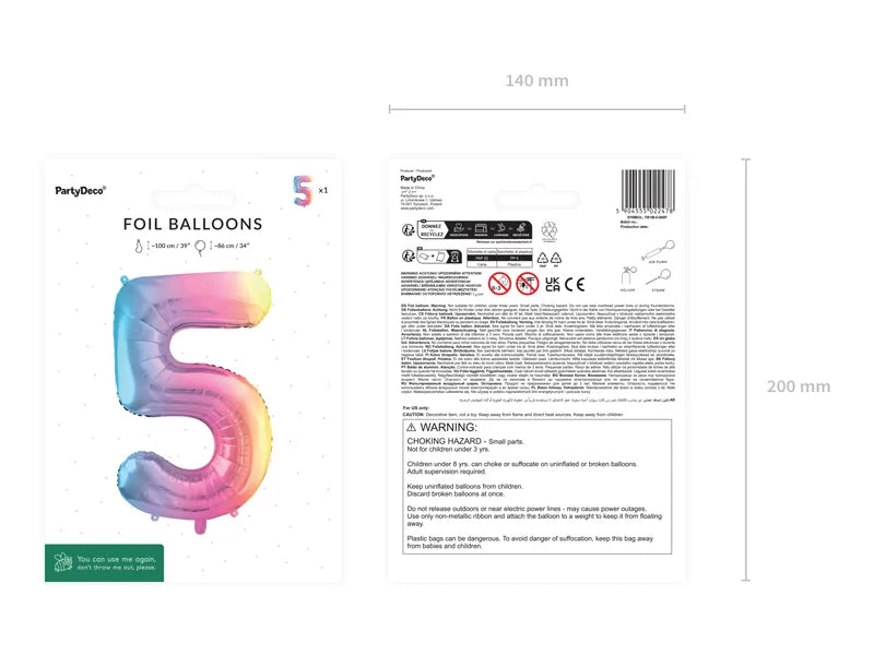 1 Ballon XXL - Zahl 5 - Pastell-Regenbogen