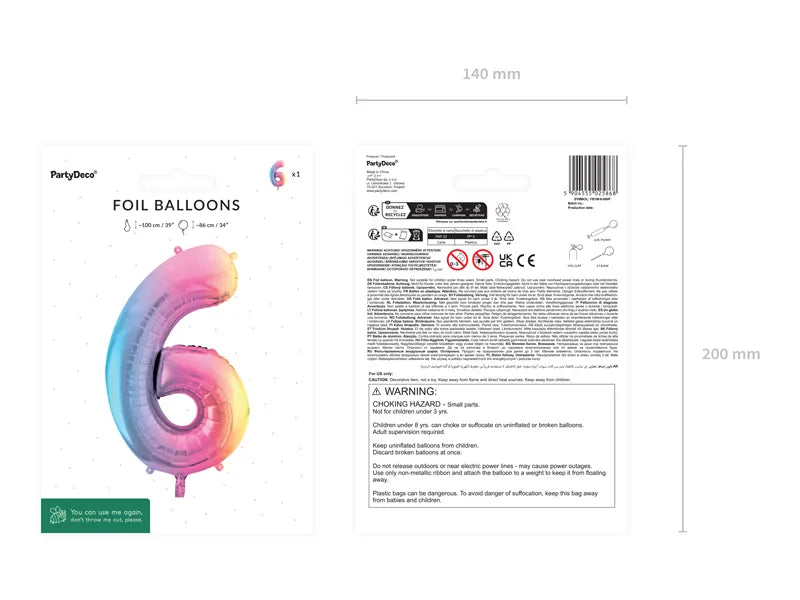 1 Ballon XXL - Zahl 6 - Pastell-Regenbogen