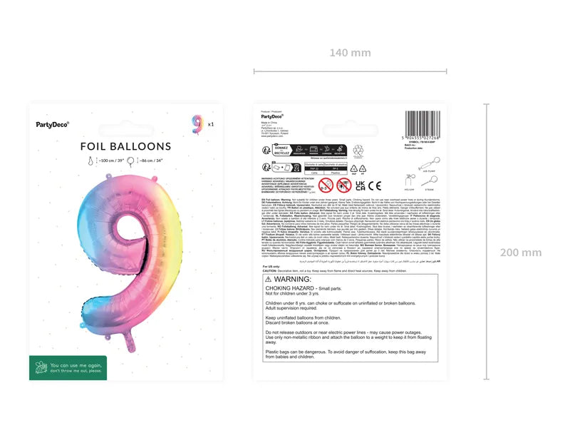 1 Ballon XXL - Zahl 9 - Pastell-Regenbogen