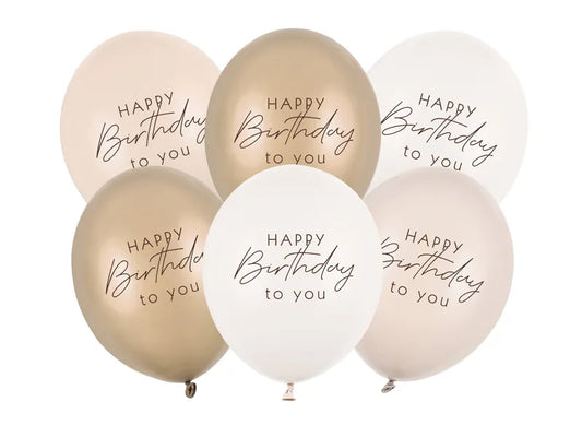 6 Motivballons - Ø 30 cm - Happy Birthday - Beige Mix