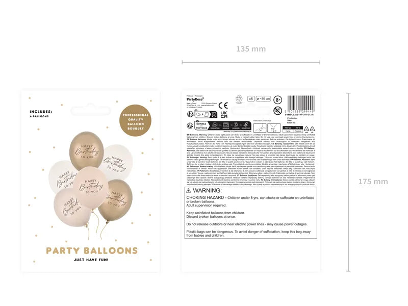 6 Motivballons - Ø 30 cm - Happy Birthday - Beige Mix